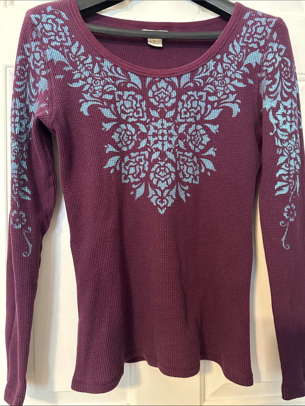 Lucky Brand Plum Waffle-Knit Long Sleeve Top with Light Blue Floral Print